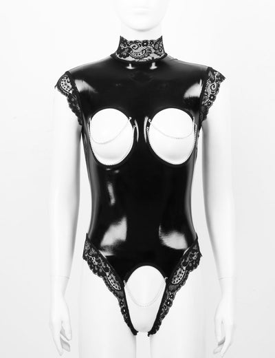 Sexy, Erotic, Hot Bodysuit With Open Crotch and Breasts. Lace, Synthetic Leather, Polyester, Latex. Sizes S - 5XL.