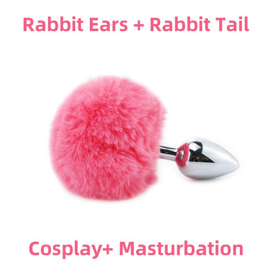 Plush Pink Bunny Metal Anal Plug Tail With Pink and White Plush Bunny Ears