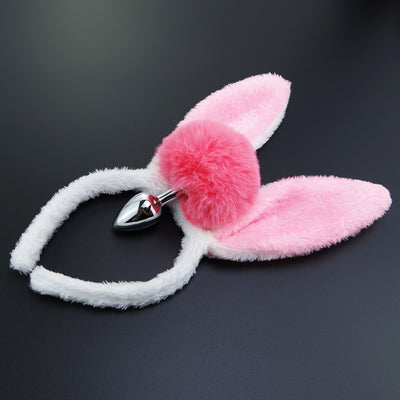 Queue de plug anal en métal de lapin rose en peluche avec oreilles de lapin en peluche rose et blanc