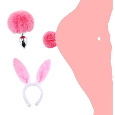 Plush Pink Bunny Metal Anal Plug Tail With Pink and White Plush Bunny Ears