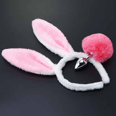 Queue de plug anal en métal de lapin rose en peluche avec oreilles de lapin en peluche rose et blanc