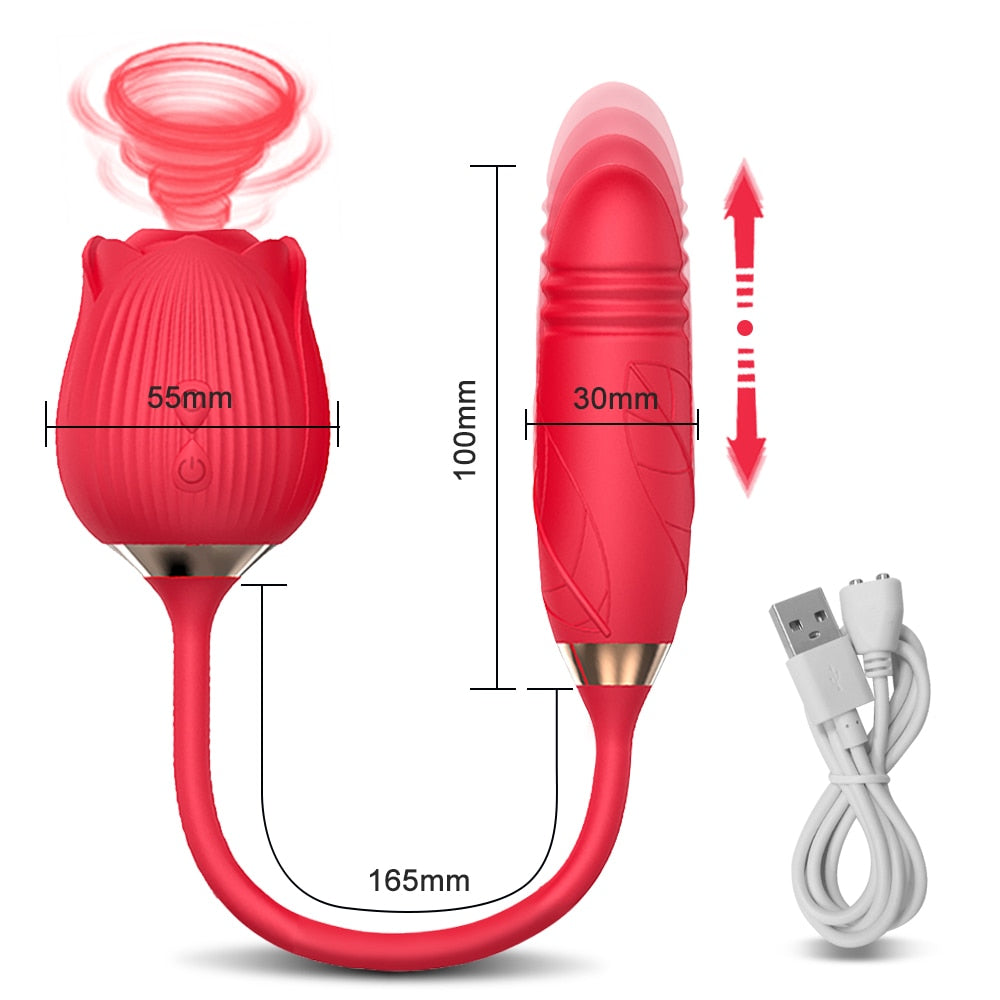 Rechargeable, Double End Use Rose Sucker With Tongue And 10 Lick and Vibration Modes.  For Clitoris, G-Spot, Anal, Balls, Nipples, Ear, Etc.