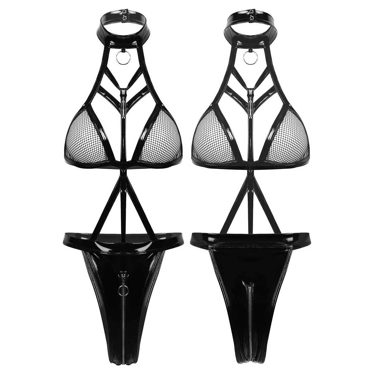 Sexy Black Transparent Mesh Synthetic Leather Lingerie. Sizes S - XXL.