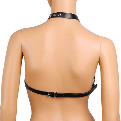 Black Sexy Goth Lingerie Leather Halter with Neck Strap BDSM