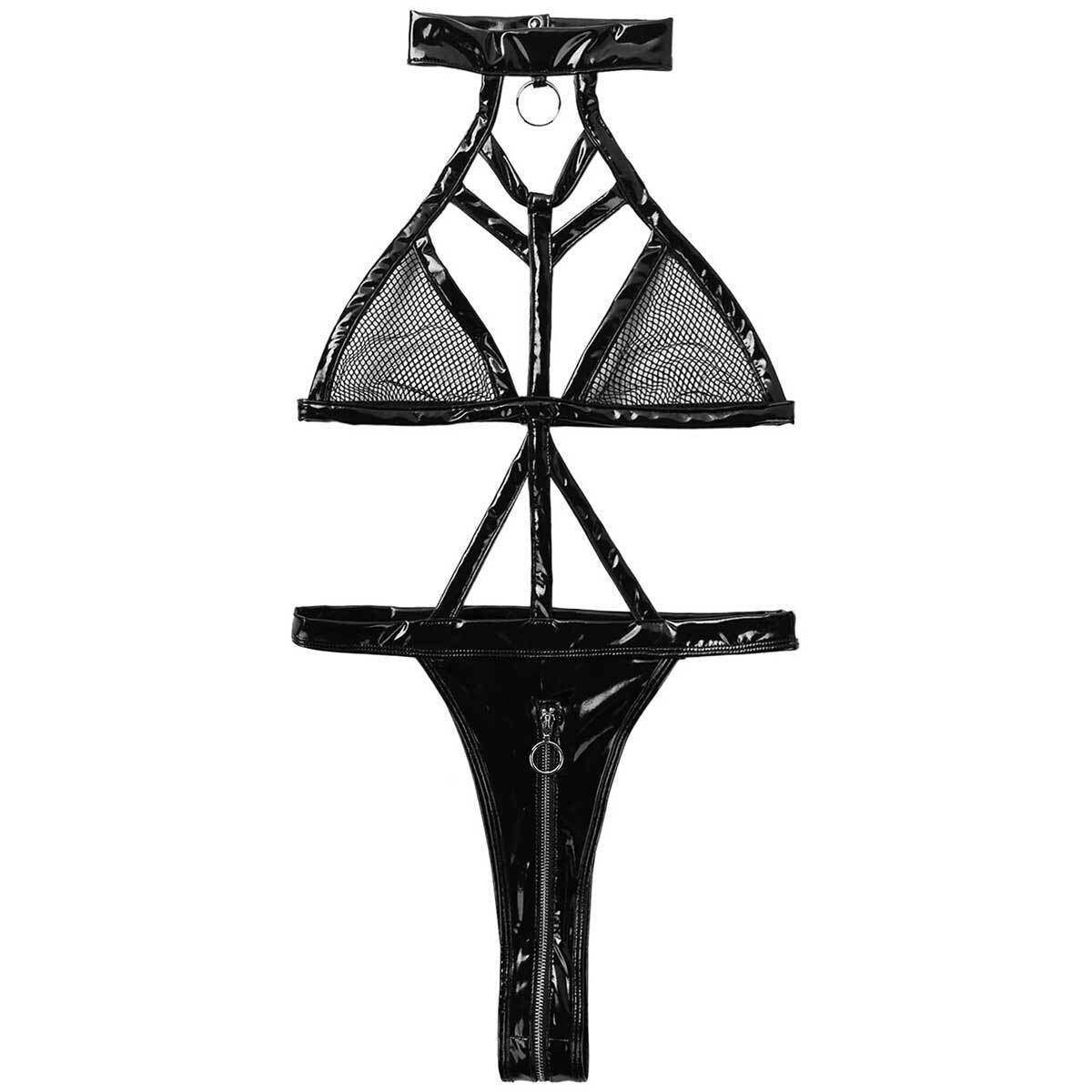Sexy Black Transparent Mesh Synthetic Leather Lingerie. Sizes S - XXL.