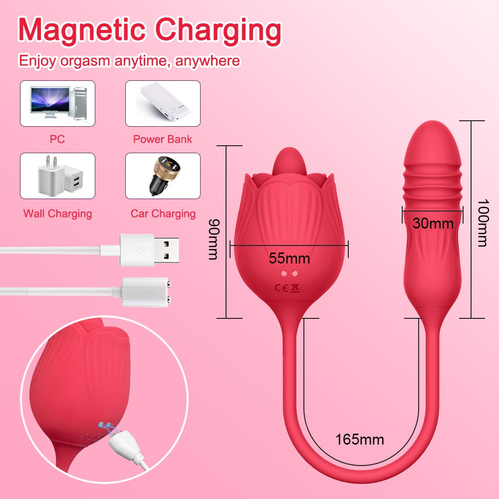 Rechargeable, Double End Use Rose Sucker With Tongue And 10 Lick and Vibration Modes.  For Clitoris, G-Spot, Anal, Balls, Nipples, Ear, Etc.