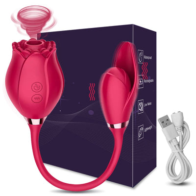 Ventouse de rose rechargeable à double usage final avec langue et 10 modes de léchage et de vibration. Pour le clitoris, le point G, l'anal, les boules, les mamelons, l'oreille, etc.