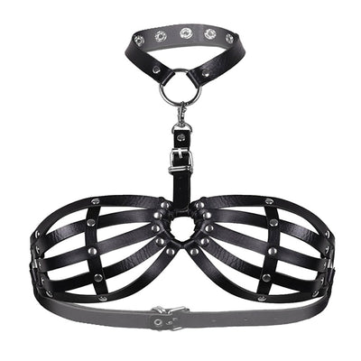 Black Sexy Goth Lingerie Leather Halter with Neck Strap BDSM