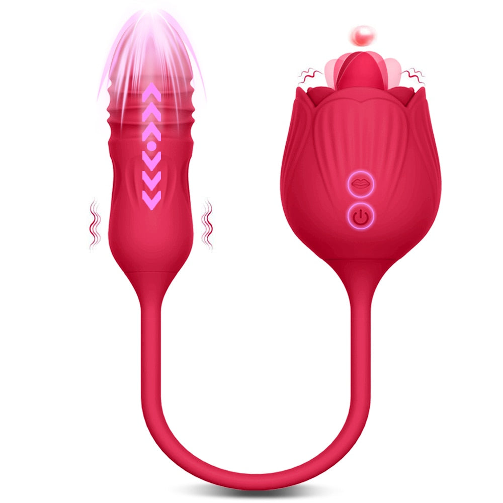 Ventouse de rose rechargeable à double usage final avec langue et 10 modes de léchage et de vibration. Pour le clitoris, le point G, l'anal, les boules, les mamelons, l'oreille, etc.