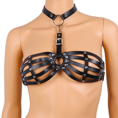 Black Sexy Goth Lingerie Leather Halter with Neck Strap BDSM