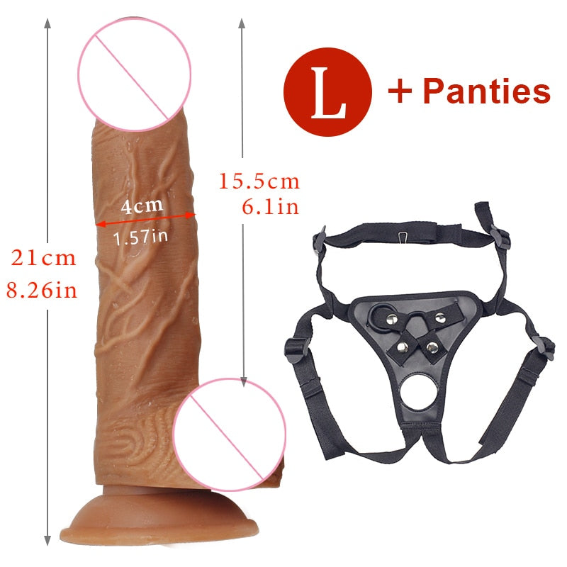 Gode en silicone flexible avec sensation de peau réaliste avec culotte à sangle réglable à ventouse. (2 tailles)