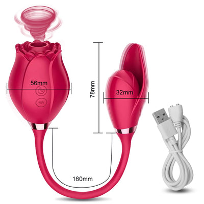 Rechargeable, Double End Use Rose Sucker With Tongue And 10 Lick and Vibration Modes.  For Clitoris, G-Spot, Anal, Balls, Nipples, Ear, Etc.